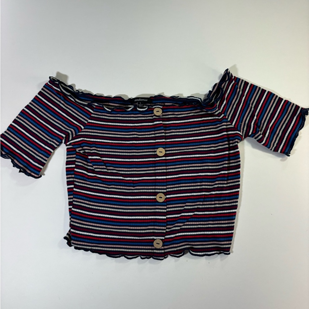 Ambiance Striped Off-Shoulder Crop Top - Red, Blue, White